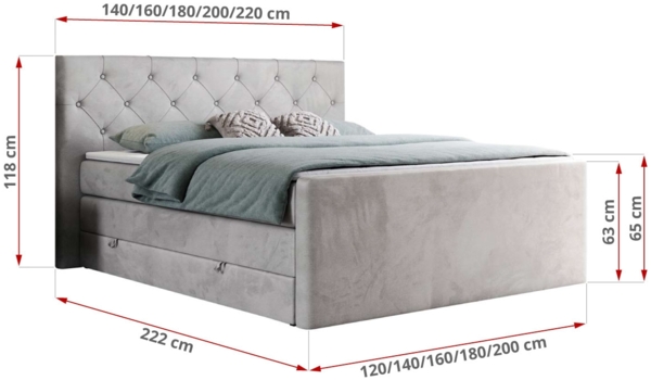 Boxspringbett KING VELEN, Doppelbett mit Multipocket-Matratze, Polsterbett mit Kopfstütze - 200x200 - Hellgrau Velours - H3 Bild 5