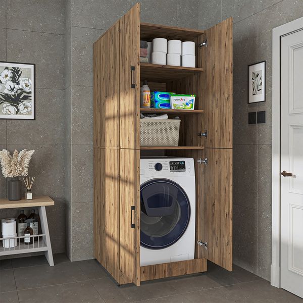 Roomart Waschmaschinenschrank DORA-II- Waschmaschinen- & Trocknerschrank mit Türen & Ausziehbrett – Waschküchenschrank für Waschmaschine & Trockner • Eiche