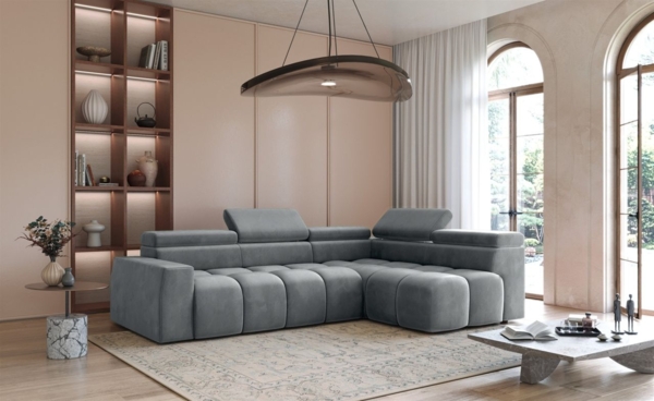 Ecksofa Designersofa DARCY in Stoff Salvador Grau Ottomane Rechts