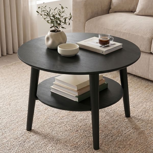 skølm 'Mjölnir' Couchtisch rund, Massivholz Eiche, schwarz lackiert, Wohnzimmertisch Ø70 cm, Beistelltisch für Wohnzimmer mit Ablage
