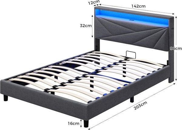 KIMENICH Polsterbett mit LED Beleuchtung und Steckdosen, Kopfteil mit Stauraum (Ohne Matratze), Jugendbett Funktionsbett 140 x 190cm
