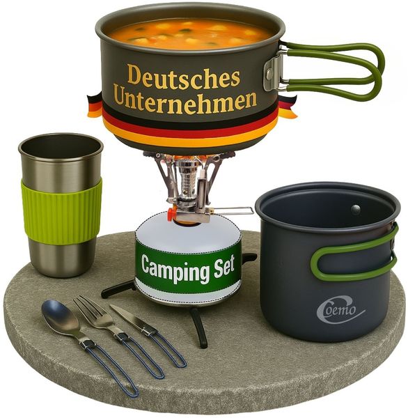 Coemo Campinggeschirr Set, Campingkocher, Besteck, Töpfe Farbe Grün