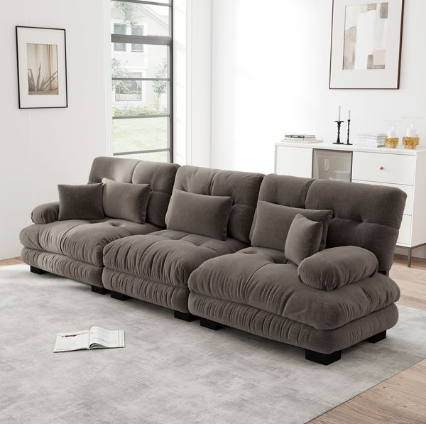 3-Sitzer Ecksofa, Chenille mit tiefem Sitz & modularem Design, 313 x 77 x 81 cm, Braun