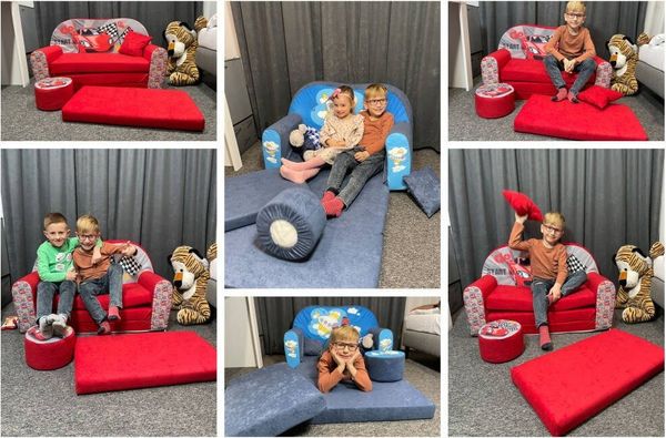 FORTISLINE Kindersitzgruppe Kindersofa Kindercouch Aufklappen Bettfunktion + Hocker W319