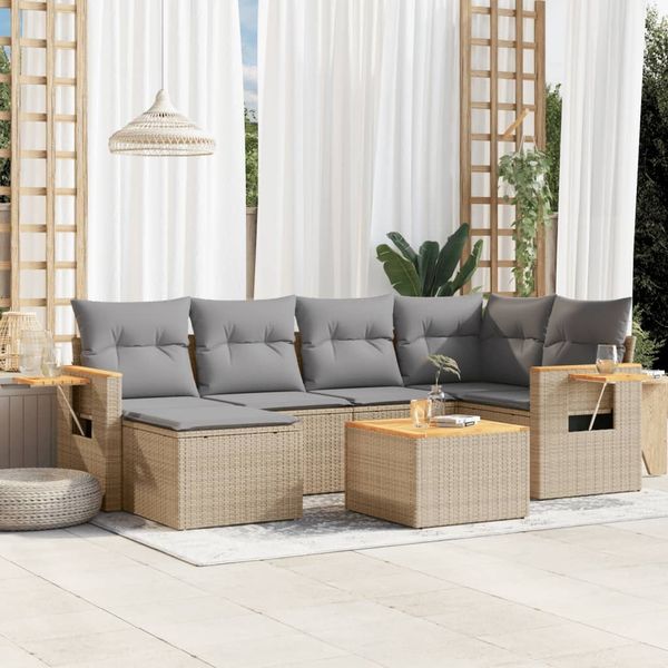 vidaXL 7-tlg. Garten-Sofagarnitur mit Kissen Beige Poly Rattan 3227025