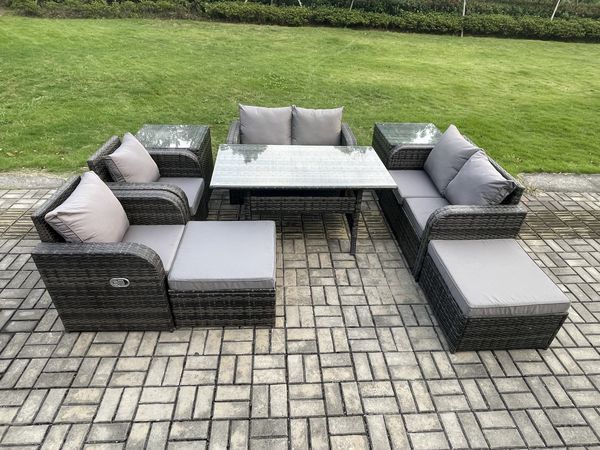 Fimous Outdoor Gartenmöbel-Set 9 Teil Grau Terrassenmöbel Set 8 Sitzer Lounge Sofa Set mit Rechteckiger Tisch Liegestuhln 2 Große Hockern 2 Beistelltischen