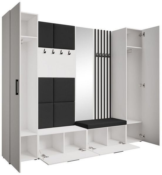 Beautysofa Garderobenschrank mit gepolsterten Paneelen und Spiegel MARGARET XL (zwei praktische Schuhschränke und zwei komfortable Kleiderschränke mit Kleiderstangen) mit dekorative Lamellen und praktischen Kleiderhaken