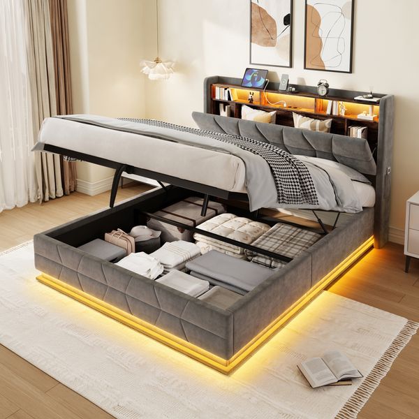 LVHOM Doppelbett 160x200cm mit LED&USB, Polsterbett mit hydraulischem Stauraum, Samtstoff, Dunkelgrau