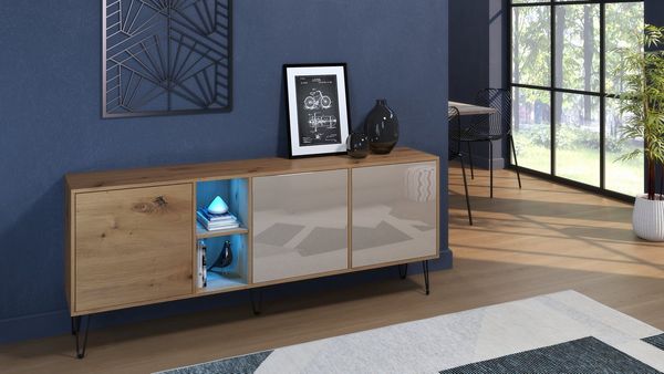 Vladon Sideboard Havana (TV-Schrank mit 3 Türen und 2 offene Fächer, Kommode Made in Germany), Eiche Evoke / Sandgrau Hochglanz (181,5 x 73 x 35 cm)