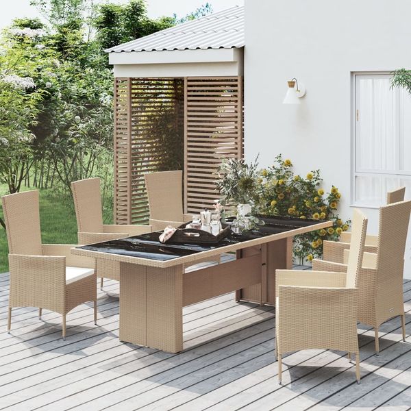 Gartentisch, Balkontisch mit Glasplatte Beige Poly Rattan & Hartglas