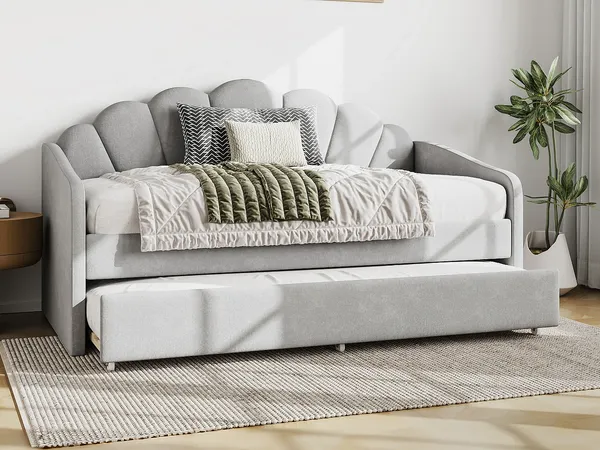 Vente-unique - ELUSIA Bett SamtStoff Grau - B 100 cm x H 116,5 cm x L 204 cm