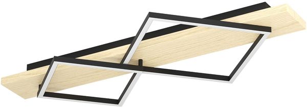 EGLO LED Deckenleuchte Boyal, Deckenlampe 2-flammig, Wohnzimmerlampe aus hellem Holz und schwarzem Metall, Lampe Decke FSC zertifiziert, warmweiß, 78 cm