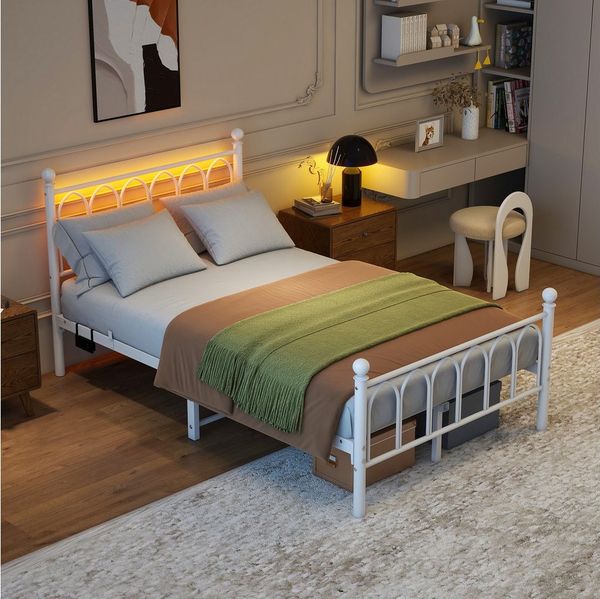 BlingBin Metallbett 90/120x200cm LED-Jugendbett, Bettrahmen mit USB-Ladestation (1er Set, 1-tlg, Ohne Matratze, Belastbarkeit maximal: 227KG), Einzelbett mit Heavy Duty Stahl Slat Unterstützung für Schlafzimmer