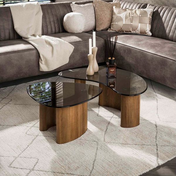 LEVEN Lifestyle Couchtisch 2 tlg. Wohnzimmertisch LUNA organische Form mit Glasplatte (2´er Set), Tischplatte aus gehärtetem, braunem Rauchglas