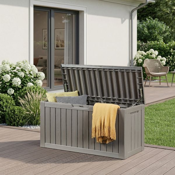 Outdoor-Aufbewahrungsbox Vades 117x47x59 cm Hellgrau, Holzoptik [casa. pro]
