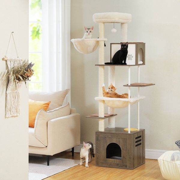 PETEPELA Kratzbaum Kratzbaum 190cm,Katzenbaum Hochwertige Holzmöbel, Katzenwohnung, aus Holz,beige