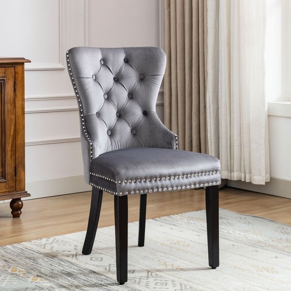 Esszimmerstuhl, B 54 x T 53 x H 97 cm, Samt-Polyester grau mit Massivholz- & Gummiholzbeinen,6er-Set