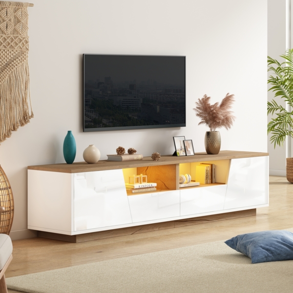 Merax 180cm TV schrank mit 2 schubladen und 2 schränke TV stand, Fernsehschrank Mit LED, Hochglanz-Lowboard und Fernsehtisch, Geeignet für Fernseher um 75 Zoll, Weiß + Holzfarbspleiß