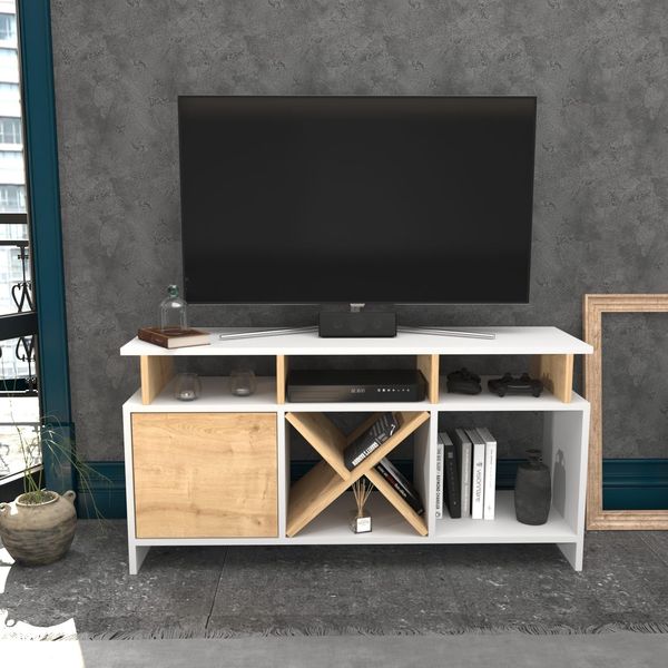Hanah Home Stylish TV Stand, White & Oak, 120 x 29.9 x 60.6 cm | 100% Melamine Coated Particle Board, 18 mm Thick | Modern Design for Living Room & Entertainment Spaces