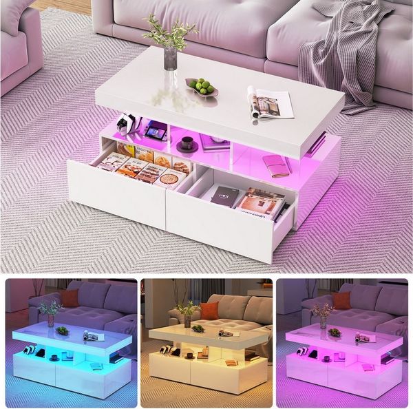 Furnishings Home Couchtisch Ablagetisch LED Beistelltisch Breite 104/80 cm (Hochglänzender quadratischer), Mit Schubladen und 16-farbigen variablen LED-Leuchten