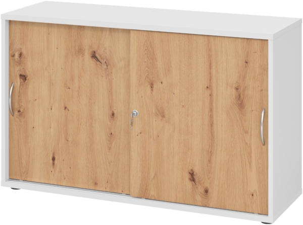 bümö Schiebetürenschrank 2OH - Aktenschrank abschließbar, Sideboard Schrank mit Schiebetüren in Weiß/Asteiche, Bogengriff - Büroschrank aus Holz mit Schiebetür, Büro Kommode für Ordner & Co, 1752S-W-R-BM