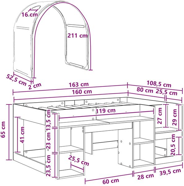 vidaXL Bett mit Tunnel mit Regal 3 Stk. Weiß und Rosa Holzwerkstoff 3423500 Bild 11