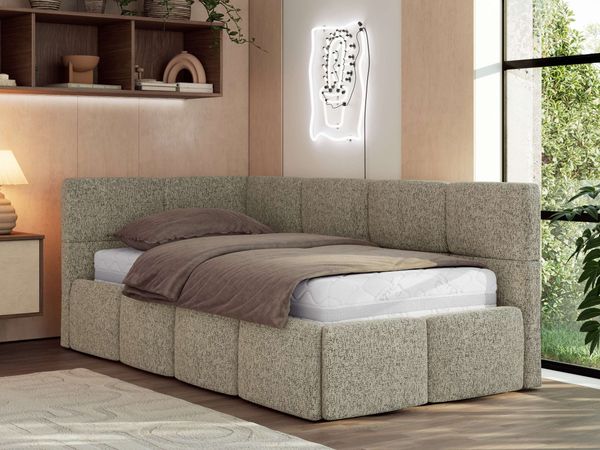 Jugendbett 90x200 ARVO Polsterbett mit Bettkasten, Stauraum & Gasdruckfeder, Modernes Design mit Kopfteil, Pocket Matratze - Dunkelbeige Strukture - VIRE LUX - Links Seite
