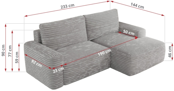 L-förmiges Ecksofa mit Armlehnen, Schlaffunktion und losen Kissen - BELLUNO - rechts - Hellgrau Cord Bild 6