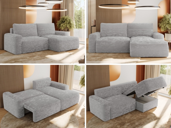 L-förmiges Ecksofa mit Armlehnen, Schlaffunktion und losen Kissen - BELLUNO - rechts - Hellgrau Cord Bild 2