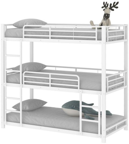 SOFTWEARY Etagenbett mit 3 Schlafgelegenheiten und Lattenrost (90x200 cm), Metallbett mit Rausfallschutz