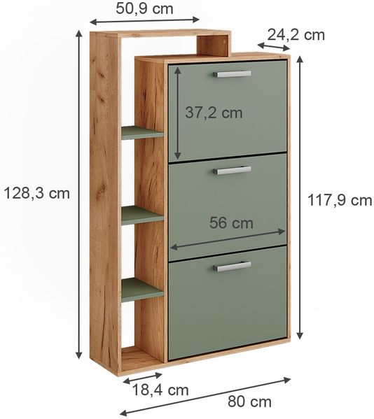 Schuhkipper Orlando Goldkraft Eiche/Grün 80 x 128.3 cm mit 3 Fächern Vicco Bild 2