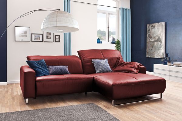 KAWOLA Sofa YORK Leder Life-line cherry Recamiere rechts Fuß Metall Chrom matt 85 x 180 x 284 cm