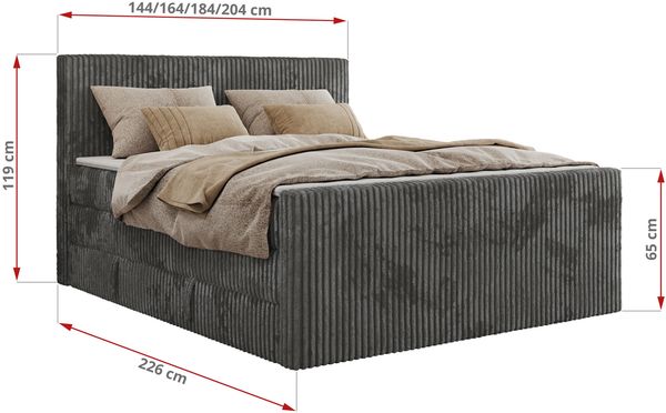 Boxspringbett mit zwei Multipocket-Matratzen und Topper, Doppelbett aus Cordstoff, zwei Bettkästen - TILIANO KING DUO - 140 x 200 cm - Grau Cord - H3 Bild 6