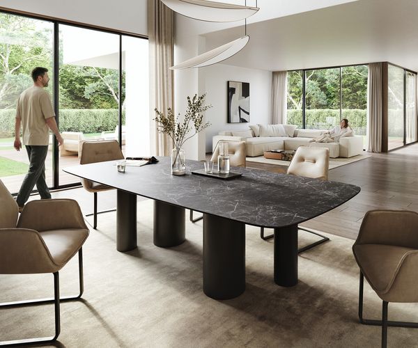 Esstisch Edge Boot 260x120 cm Keramik Laminam® Nero Greco Anthrazit Pilier Metall Schwarz
