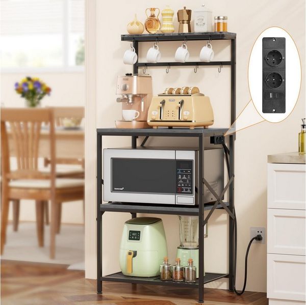 BBWL Standregal Mikrowellenregal aus Holz & Metall mit 2 Steckdosen, Anti-Kipp-Schutz, höhenverstellbaren Füßen, Haken und Sicherheits-Schalter, 53x36x125,5 cm