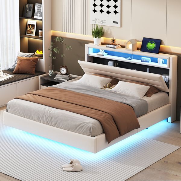 Polsterbett 160×200 cm mit USB und LED, klappbarem Kopfteil mit Stauraum, Beige, ohne Matratze