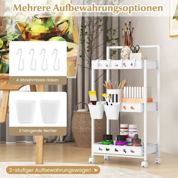3 Ebenen Rollwagen Servierwagen mit Rollen Küchenwagen mit 2 Hängebechern 42 x 29 x 83 cm Weiß