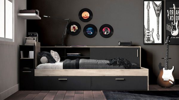 Vente-unique - Kombi-Bett mit Stauraum - 90 x 190/200 cm - Schwarz & Holzfarben - LIARA