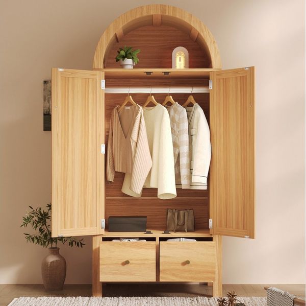 HAUSS SPOLE Kleiderschrank in Bogenform,Garderobenschrank mit Kleiderstange und Schubladen,Eiche (Landhausstil mit offene halbrunde Ablage,mit Kippsicherungen) mit Magnetverschluss und Lochabdeckungsaufklebern