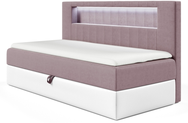 MEBLINI Kinderbett mit Bettkasten GARETH 2 90x200 – H3/Lila Samt Gepolstert Einzelbett mit Matratze - Polsterbett mit Stauraum - Bett mit Kopfteil – Stauraumbett