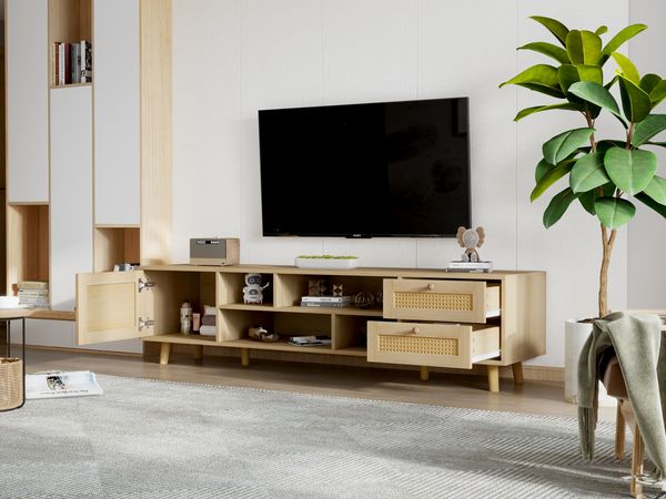 TV-Schrank 160x39x40,5 cm, holzfarbenes Rattan, 2 Schubladen & 1 Tür, Kabelmanagement für 70-Zoll,Hölzernes