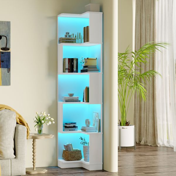 Merax 175cm Eckbücherregal, Multifunktionsbücherregal, L-förmiges Bücherregal, LED-Farbwechsel-Lichtleiste, Fernsteuerung per App, fünfschichtiger Stauraum, weiß