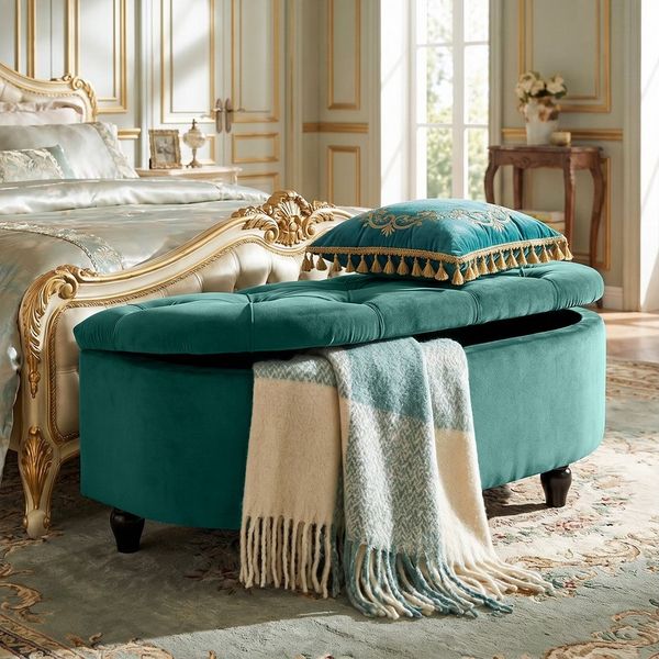 HOMCOM Sitzbank mit geöffnetem Deckel, Velvet-Touch (Bank, 1-St, Hocker), für Wohnzimmer, Dunkelgrün