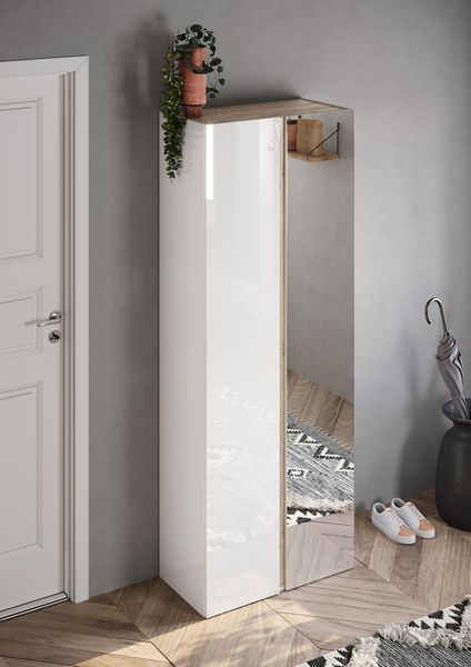 Schuhschrank >Farina< Spiegel, Weiss Hochglanz Lack / Eiche Cadiz Dekor - 70x185x35cm B/H/T