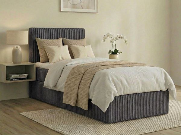 Boxspringbett RALFI 90 x 200 cm (Rechte Seit) mit Bettkästen, Bonell-Matratze H3 und T25-Topper. Farbe: Dunkelgrau