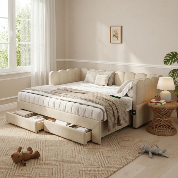 Merax Einzelbett, Polsterbett, 90x190 cm Daybett, Tagesbett, Sofabett, mit 2 Schubladen für Stauraum, Schlafsofa, Tagbett , ausziehbar auf 180 cm, mit USB-Anschluss, Chenille, Beige