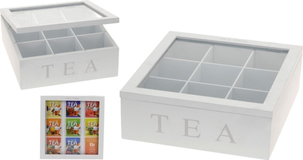 mucHome Teebox aus Holz mit 9 Fächern Weiß/Schwarz Teekasten