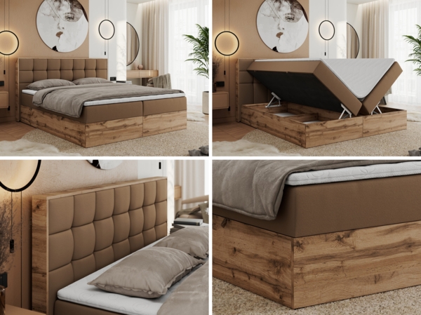 Boxspringbett mit Kopfteil und Topper, Polsterbett - ALBERO 1 - 200 x 200 cm - Braun Kunstleder - H3 Bild 2