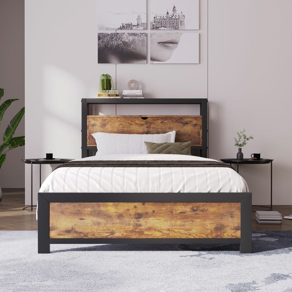 Bett 90x200 cm mit Stauraum-Kopfteil aus Metall und Holz – industrieller Look mit großzügigen Ablagen