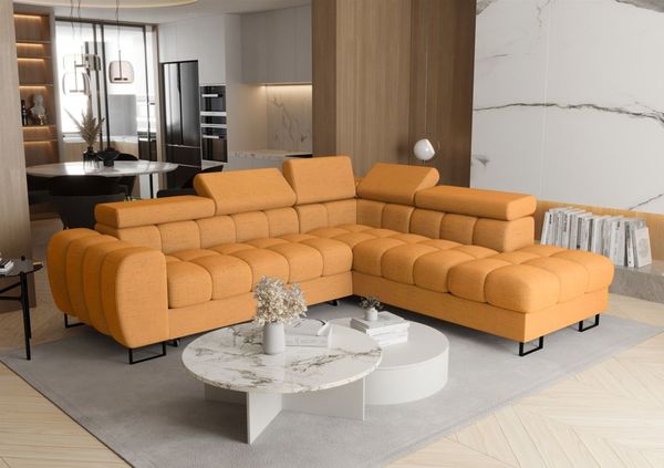 Ecksofa Schlafsofa BASTIEN MAX in Stoff Moly Senfgelb Ottomane Rechts